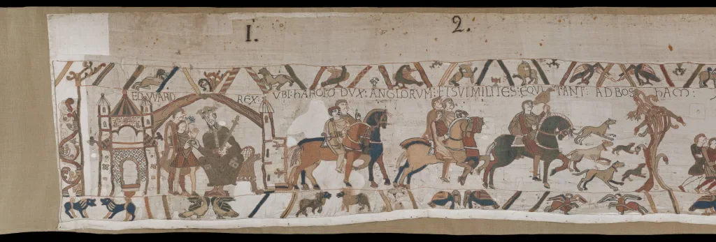 The opening of the Bayeux Tapestry, embroidered figures on linen